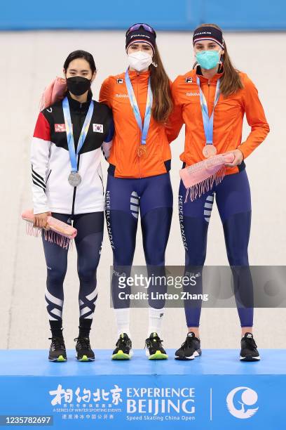 Silver medalist Hyun Yung Kim of Korea, gold medalist Isabel Grevelt of Netherland and bronze medalist Leonie Bats of Netherlands stand together on...