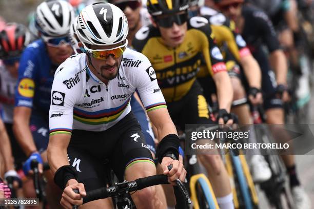 Team Deceuninck's Julian Alaphilippe of France rides in the pack during the 115th edition of the Giro di Lombardia , a 239 km cycling race from Como...