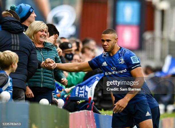 Dublin , Ireland - 9 October 2021; Adam Byrne of Leinster celebrates with his mother Gillian after his side's victory in the United Rugby...