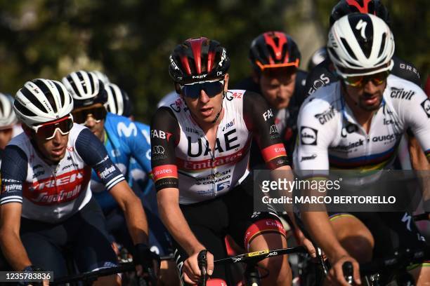 Team Trek - Segafredo's Vincenzo Nibali of Italy, Team UAE Emirates' Tadej Pogacar of Slovenia, Team Deceuninck's Julian Alaphilippe of France climb...