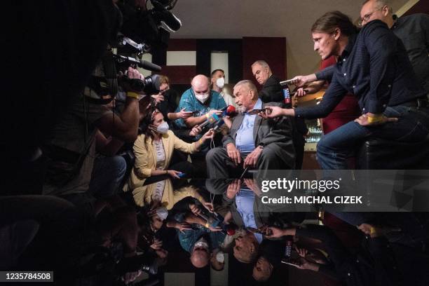 Former Czech Foreign Minister and former Chairman of TOP 09 party Karel Schwarzenberg talks to the media at the election headquarter of the 'SPOLU'...