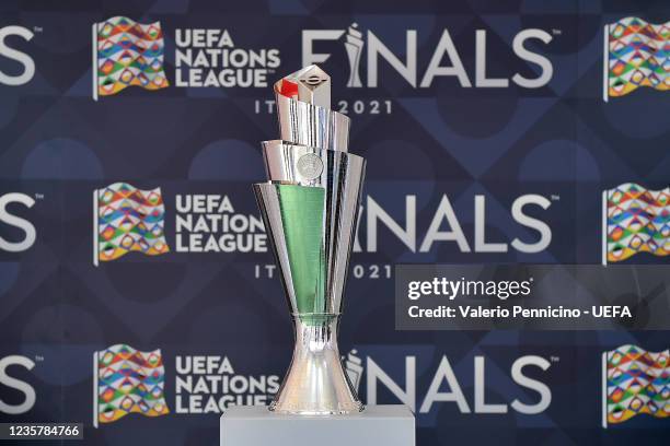 The trophy is displayed ahead of the UEFA Nations League 2021 Final at San Siro Stadium on October 9, 2021 in Milan, Italy.