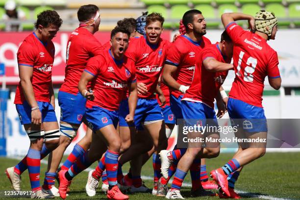 Players of Chile celebrate after score a try during a match between Chile and Canada as part of Rugby World Cup 2023 Qualifying at Elias Figueroa...