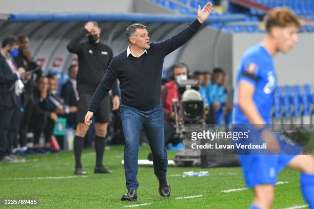 Willy Sagnol, Head Coach of Georgia, reacts during the 2022 FIFA World Cup Qualifier match between Georgia and Greece at Batumi Arena on October 9,...
