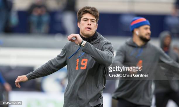 Hank Bachmeier of the Boise State Broncos warms up before their game against the BYU Cougars during their game October 9, 2021 at LaVell Edwards...