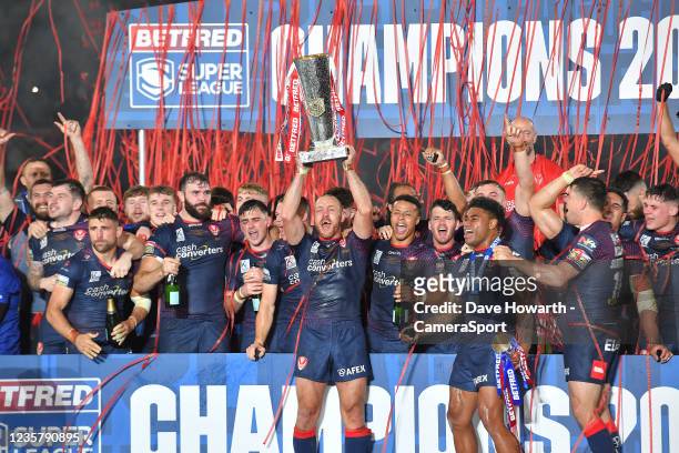 St Helens celebrate their victory in the Betfred Super League Grand Final match between Catalans Dragons and St Helens at Old Trafford on October 9,...