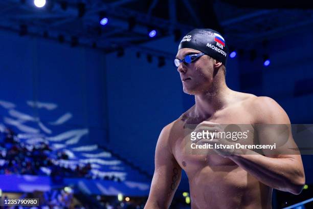Vladimir Morozov of Russia reacts after the race in the mens butterfly 50m final on day three at the FINA Swimming World Cup in the Duna Arena on...