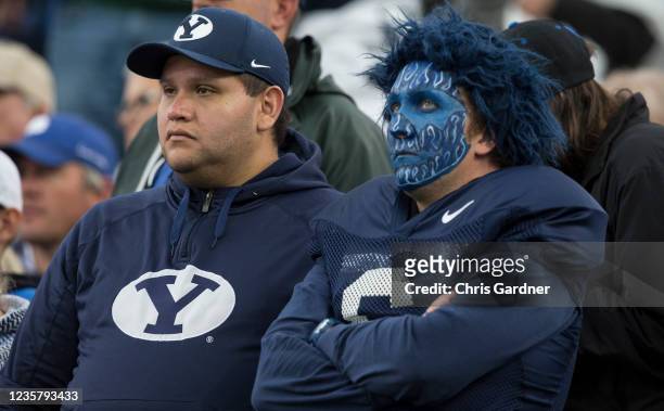 Fans of the BYU Cougars react as they watch the final seconds of their upset loss to the Boise State Broncos October 9, 2021 at LaVell Edwards...