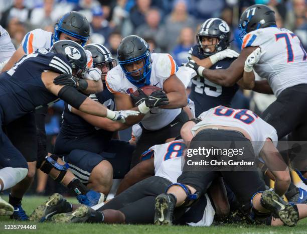 Andrew Van Buren of the Boise State Broncos rushes the ball against the BYU Cougars during their game October 9, 2021 at LaVell Edwards Stadium in...