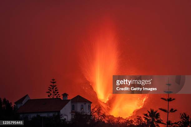 Lava flows from the Cumbre Vieja Volcano on October 9, 2021 in La Palma, Spain. The Cumbre Vieja Volcano erupted on September 19, shutting down the...