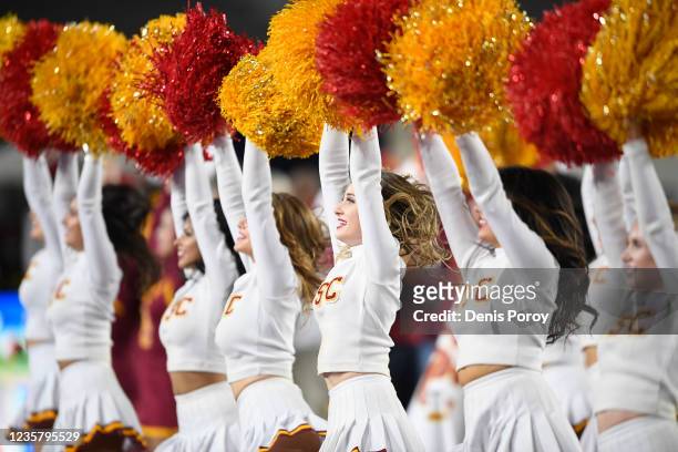Trojans cheerleaders cheer during the second half of a college football game against the Utah Utes at Los Angeles Memorial Coliseum October 9, 2021...