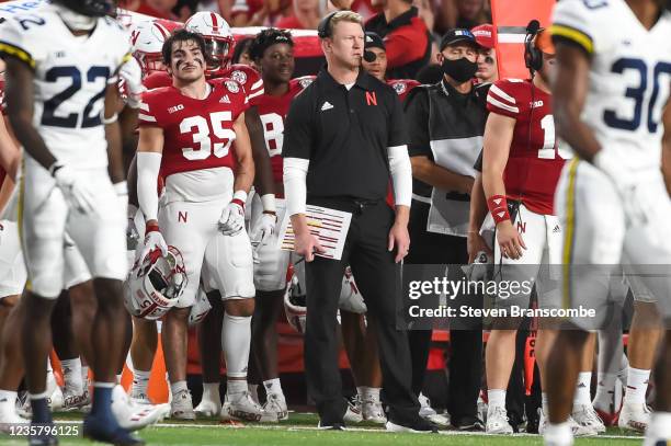 Head coach Scott Frost of the Nebraska Cornhuskers watches action in the first half against the Michigan Wolverines at Memorial Stadium on October 9,...