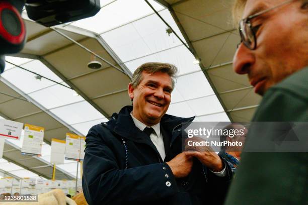 France. Arnaud Montebourg, former Minister of Economy and candidate for the 2022 presidential election speaks with a journalist, at the 30th Sommet...