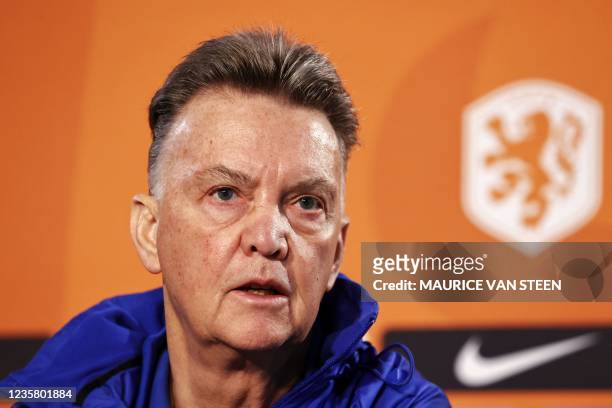 Netherlands' head coach Louis van Gaal looks on during a press conference at the KNVB Campus in Zeist, on October 10, 2021 on the eve of the FIFA...