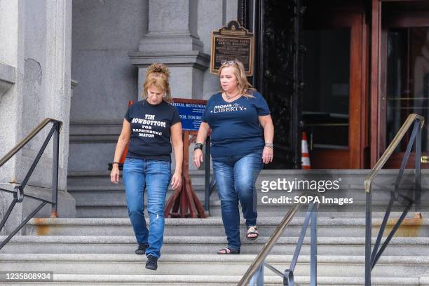 Sandra Weyer , charged in the January 6th U.S. Capitol riot, is seen exiting the Pennsylvania State Capitol during a Moms for Freedom rally. About...