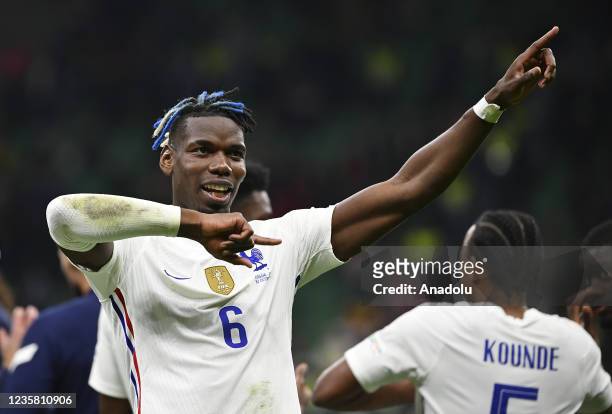 Paul Pogba, of France, celebrates at the end of the UEFA Nations League football tournament final match between Spain and France at San Siro stadium...