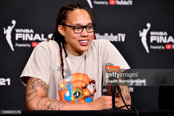 Brittney Griner of the Phoenix Mercury talks to the media after Game One of the 2021 WNBA Finals on October 10, 2021 at Footprint Center in Phoenix,...