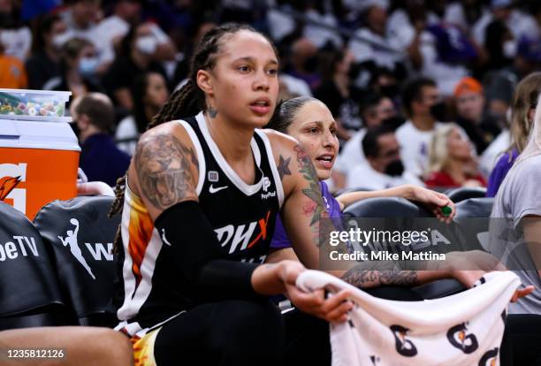 Brittney Griner and Diana Taurasi of the Phoenix Mercury reacts to a foul call in the second half during the game against the Chicago Sky at...