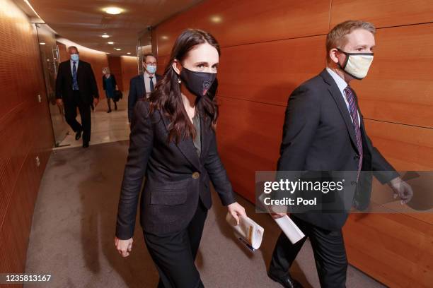 Prime Minister Jacinda Ardern, Covid Response Minister Chris Hipkins and Director General of Health Dr Ashley Bloomfield addresses the media at a...