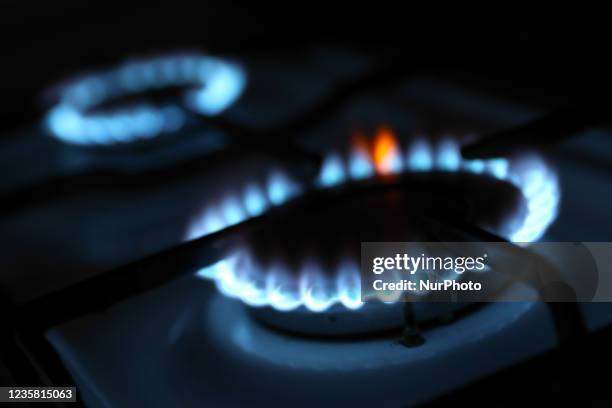Flames from gas burners are seen in this illustration photo taken in Krakow, Poland on October 11, 2021.