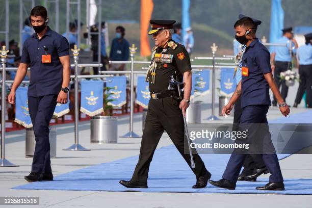 General Bipin Rawat, India's chief of defence staff,inspects a guard of honor during the Air Force Day Parade at Hindon Air Force Station in...