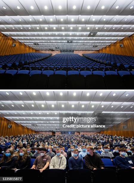 October 2021, North Rhine-Westphalia, Münster: KOMBO - Empty lecture hall H1 of the Westfälische Wilhelms-Universität and full lecture hall during...