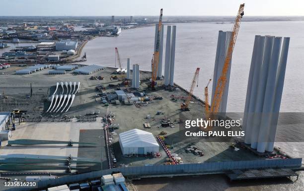 An aerial view of the Siemens Gamesa offshore blade factory on the banks of the River Humber in Hull, north east England on October 11, 2021. -...