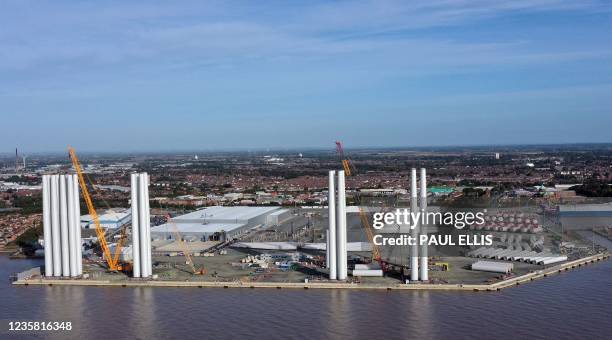 An aerial view of the Siemens Gamesa offshore blade factory on the banks of the River Humber in Hull, north east England on October 11, 2021. -...