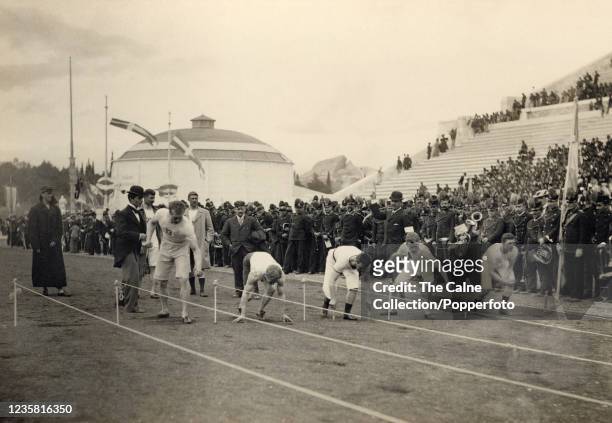 Vintage Platinotype photograph by the German Royal Court photographer Albert Meyer featuring the start of the second heat of the 100 metres race in...