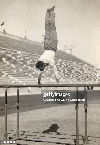 Vintage Platinotype photograph by the German Royal Court photographer Albert Meyer featuring Alfred Flatow of Germany, gold medallist on the parallel...