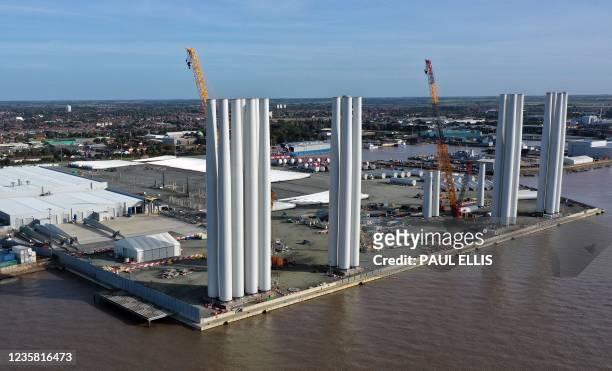 An aerial view of the Siemens Gamesa offshore blade factory on the banks of the River Humber in Hull, north east England on October 11, 2021. -...