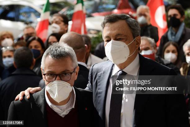 Italian Prime Minister, Mario Draghi , is welcomed by the General Secretary of the national trade union Italian General Confederation of Labour...