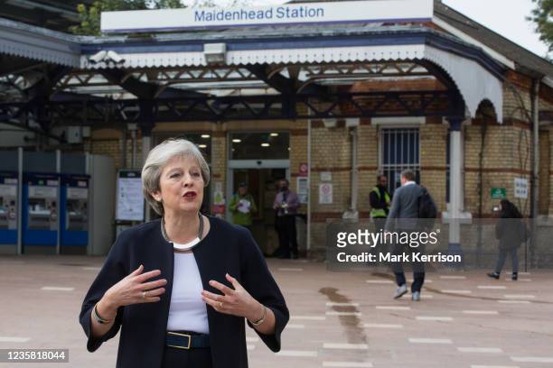 Theresa May, Conservative MP for Maidenhead, speaks on the occasion of the official opening of a new station forecourt on 11th October 2021 in...