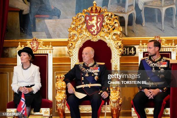 King Harald V of Norway , Queen Sonja of Norway and Crown Prince Haakon of Norway attend the solemn opening of the Storting, Norway's Parliament,...