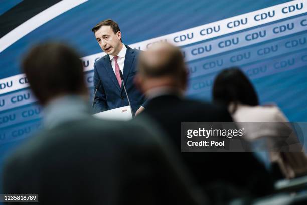 Christian Democratic Union Secretary General Paul Ziemiak speaks during a press conference on 11th October, 2021 in Berlin, Germany. The CDU...