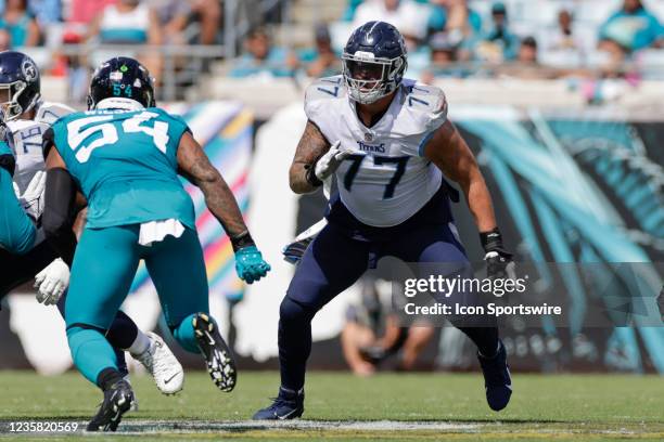 Tennessee Titans offensive tackle Taylor Lewan during the game between the Tennessee Titans and the Jacksonville Jaguars on October 10, 2021 at TIAA...