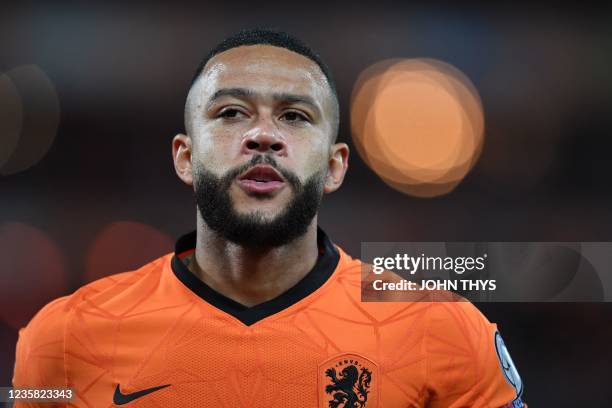 Netherlands' forward Memphis Depay looks on during the FIFA World Cup Qatar 2022 qualification group G football match between The Netherlands and...