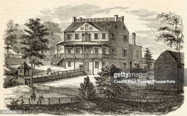 Vintage illustration featuring the Beekman Mansion of 1763, known as Mount Pleasant, the residence of General William Howe, Commander-in-Chief of the...