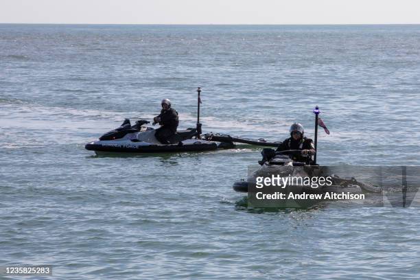 Border Force officers patrol the Kent coastline using personal water crafts on the 8th of October 2021 in Folkestone, United Kingdom. The Home Office...