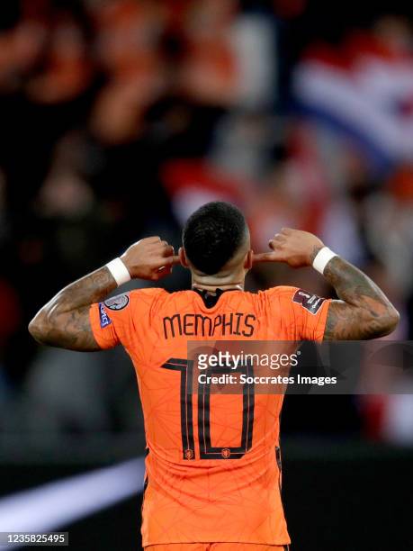 Memphis Depay of Holland celebrates 3-0 during the World Cup Qualifier match between Holland v Gibraltar at the De Kuip on October 11, 2021 in...