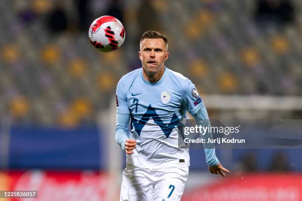 Josip Ilicic of Slovenia controls the ball during the 2022 FIFA World Cup Qualifier match between Slovenia and Russia at Stadion Ljudski vrt on...