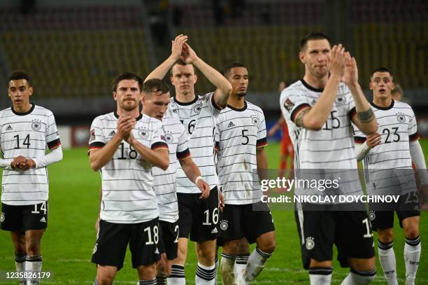 Germany players celebrates after winning the FIFA World Cup Qatar 2022 qualification Group J football match between North Macedonia and Germany at...