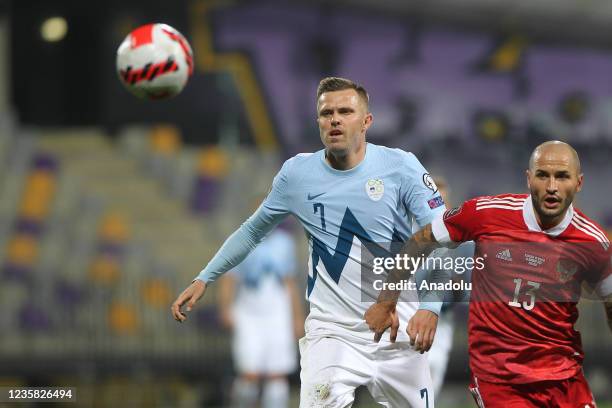 Josip Ilicic of Slovenia in action against Fyodor Kudryashov of Russia during the 2022 FIFA World Cup Qualifier Group H week 8 match between Slovenia...