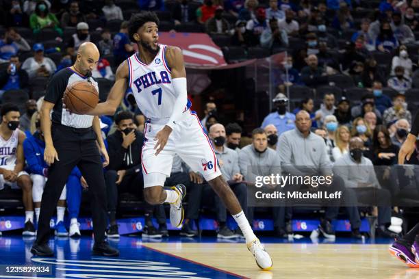 Isaiah Joe of the Philadelphia 76ers attempts to save the ball against the Brooklyn Nets in the second half at the Wells Fargo Center on October 11,...