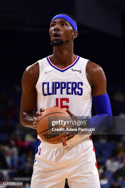 Harry Giles III of the LA Clippers shoots a free throw during a preseason game against the Minnesota Timberwolves on October 11, 2021 at Toyota Arena...