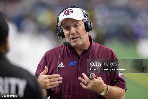 Texas A&M Aggies head coach Jimbo Fisher is interviewed on the field during the Southwest Classic college football game between the Texas A&M Aggies...