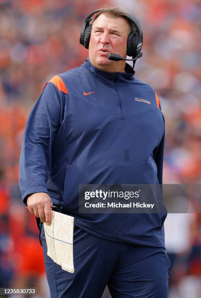 Head coach Bret Bielema of the Illinois Fighting Illini is seen during the game against the Wisconsin Badgers at Memorial Stadium on October 9, 2021...