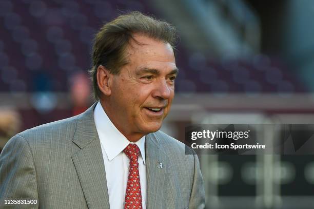 Alabama Crimson Tide head coach Nick Saban departs an interview before the game between the Alabama Crimson Tide and the Texas A&M Aggies at Kyle...