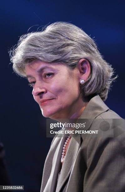 New UNESCO head Irina Bokova from Bulgaria listens to moderator Monique Canto-Sperber while attending a plenary session on October 17, 2009 during...