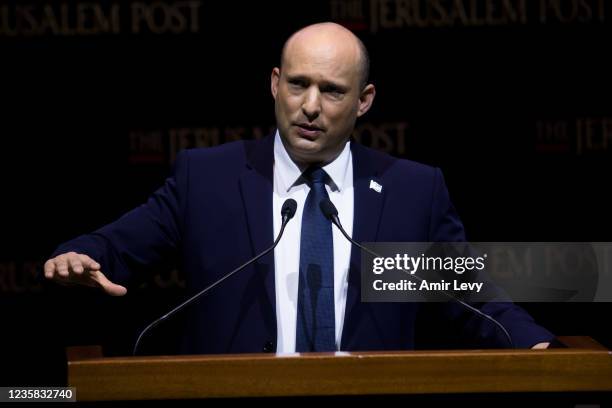 Israeli Prime Minister Naftali Bennett speaks at the Jerusalem Post's annual coference on October 12, 2021 in Jerusalem, Israel. The conference...